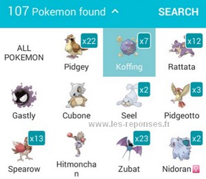 liste des pokémons trouvés par Poké Live