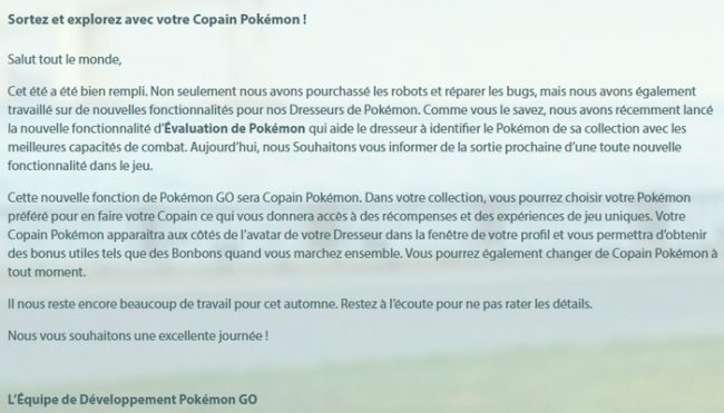 communiquée copain pokemon go